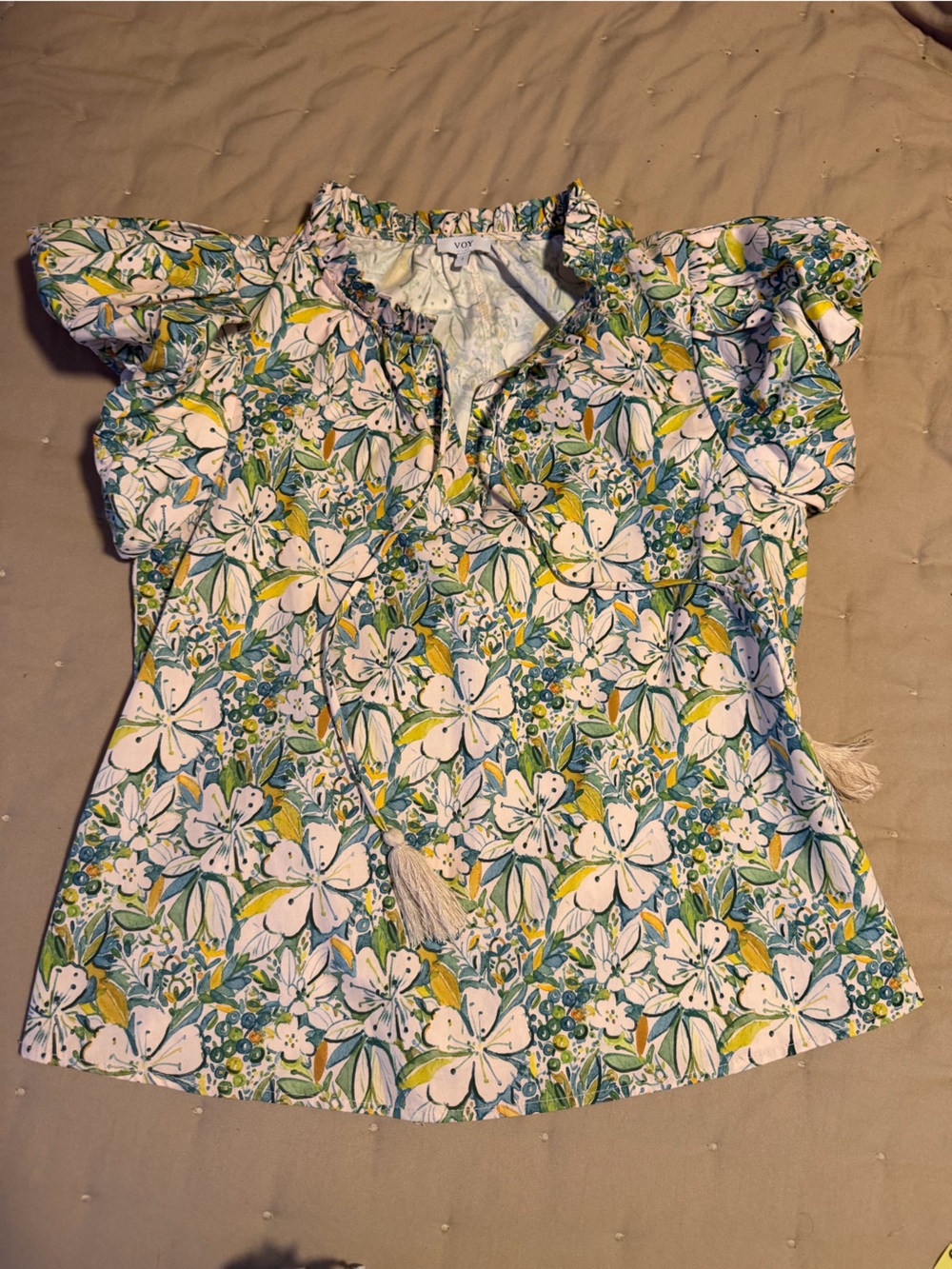 Voy Floral Ruffle Sleeve Blouse - White, Green & Yellow